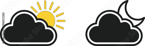 Weather icons for sunny and stormy conditions with cloud and sun symbols