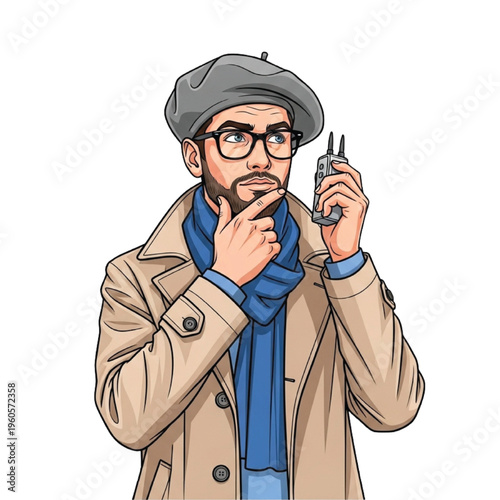 Creative artist with a beret contemplating an idea while holding a vintage walkie-talkie, a symbol of retro communication and artistic inspiration in an urban setting