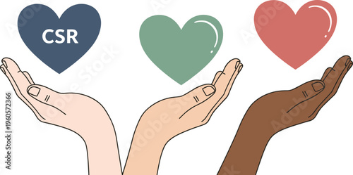 Corporate Social Responsibility Concept with Diverse Hands Holding Hearts and CSR Text for Business Ethics, Sustainability, Charity Support, and Community Welfare Illustrations