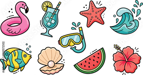 Tropical Summer Beach Elements Set Featuring Flamingo, Drink, Starfish, Fish, Snorkel, and Hibiscus for Vacation, Fun, and Beach Designs