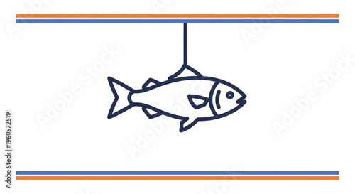 Minimalist vector outline of a suspended fish icon with decorative blue and orange border elements