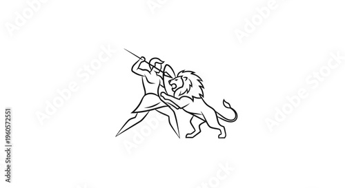 Symbolic line art depicting a courageous human in intense combat with a formidable roaring lion,