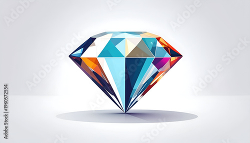 Faceted diamond illustration with colorful polygonal facets and light reflection on surface