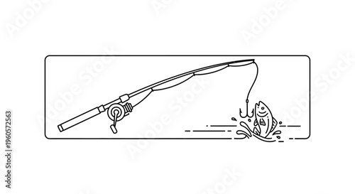 Dynamic minimalist illustration capturing the exciting moment of a fish being hooked on a fishing