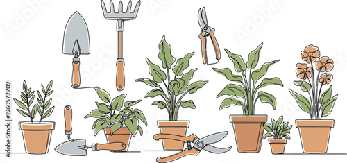 Continuous line art illustration showcasing a delightful collection of essential gardening tools and vibrant potted plants ready for cultivation.