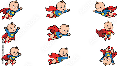 Set of Flying Superhero Baby Icons in Various Poses with Red Capes and Blue Suits