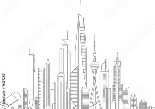 This innovative illustration showcases a modern city skyline ingeniously constructed from everyday office supplies and architectural design tools, blending urban development with creative innovation.