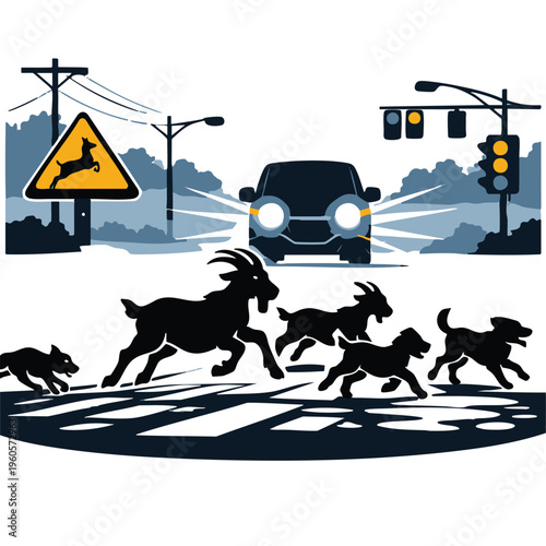 Animals crossing road at night with car.
