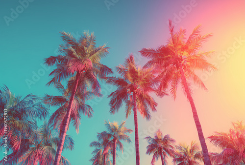 a retro-style image of palm trees against the sky, with pastel pink and blue tones. the sun is shining brightly in the background.