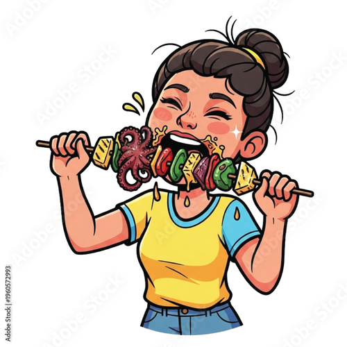Enthusiastic young woman with a messy, food-stained face joyfully devours a vibrant and diverse barbecue skewer, celebrating a moment of delicious culinary pleasure