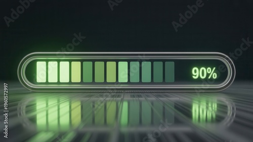Modern green battery meter showing 90 percent charge