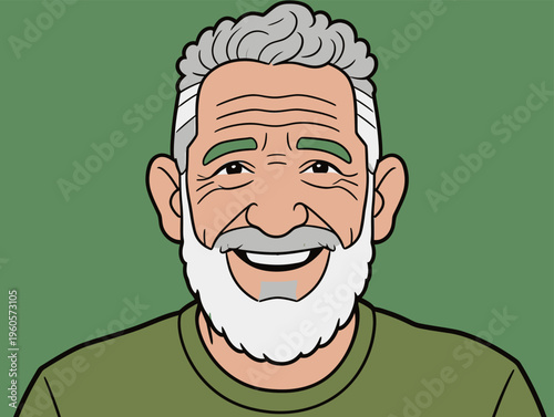 Elderly man with gray hair and beard smiles widely against a simple green background while wearing a green t-shirt