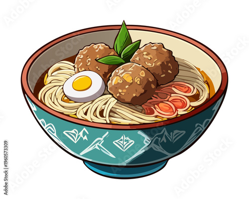 Authentic Oriental Noodle Soup With Braised Meat And Boiled Egg In Green Patterned Ceramic Bowl - Vector Illustration
