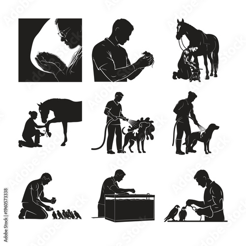 Laboratory and grooming worker silhouette set bundle for animal care