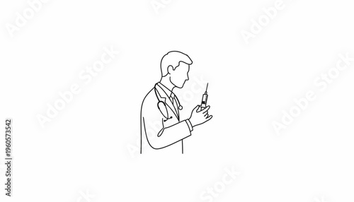 A skilled physician preparing a vital injection for patient care in a continuous line art style