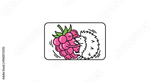 Charming line art illustration of an adorable hedgehog embracing a vibrant pink raspberry on white