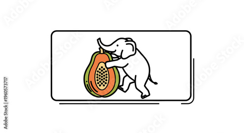 Charming minimalist illustration of a playful elephant holding a fresh, ripe papaya slice