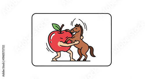 Whimsical cartoon illustration of an anthropomorphic red apple playfully grappling a small brown