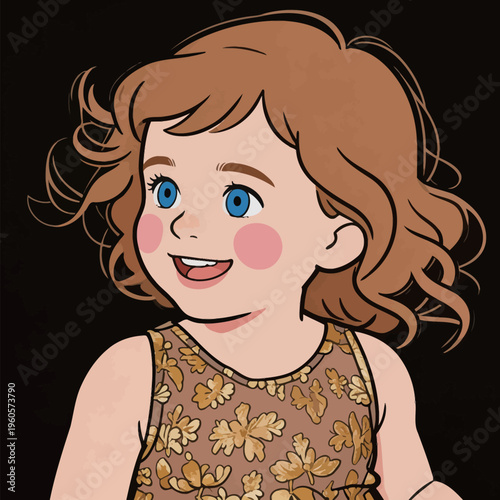 Young child smiles happily while wearing a floral dress and showing curly brown hair against a dark background