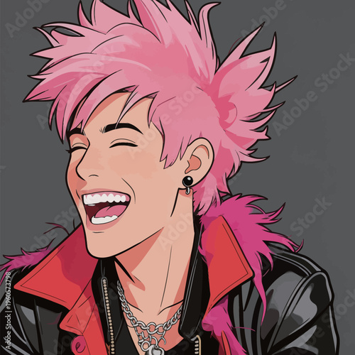 Bright-haired person laughs in a colorful outfit with a black jacket and pink accessories in a fun setting