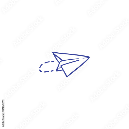 A simple blue outline of a paper airplane in flight, with a dashed line showing its path