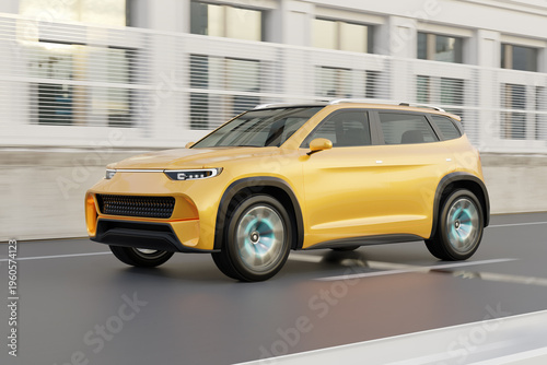 Yellow Electric SUV driving on the highway. 3D rendering image.