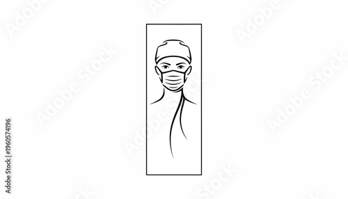 Stylized monochrome vector illustration of a medical professional wearing protective cap and face