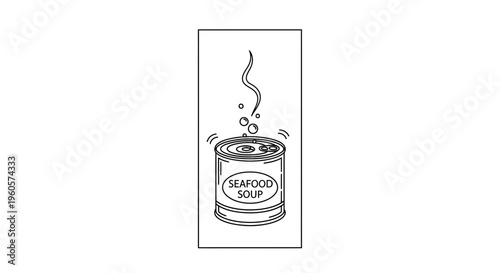 Illustration of a steaming can of seafood soup, symbolizing quick and easy meal preparation