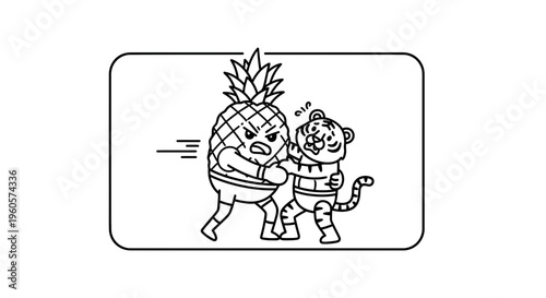 Comical black and white illustration of an anthropomorphic pineapple wrestling a small tiger