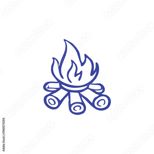 A simple blue line drawing of a campfire with flames rising from wood logs