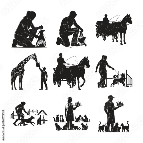 People working with animals silhouette set bundle for diverse tasks