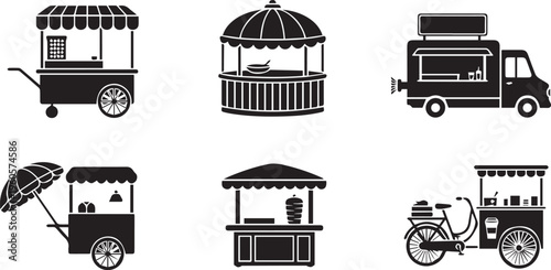 Street Food Cart and Food Truck Icon Set - Mobile Vendor and Kiosk Vector Symbols