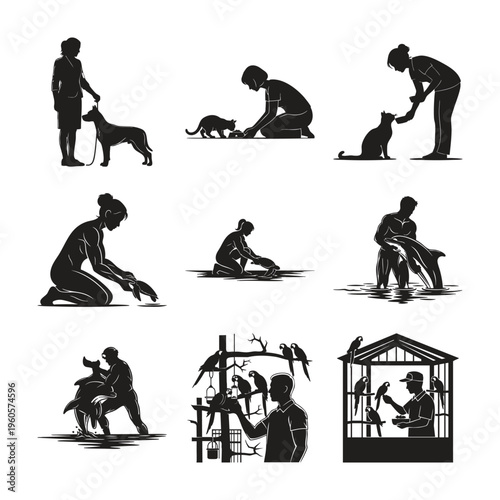 Silhouette people interacting with diverse animals set bundle vector bundle