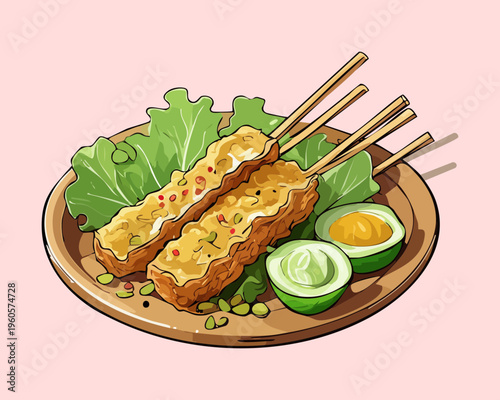 Roasted chicken satay with savory peanut sauce and fresh lime garnish in a ceramic bowl - Vector Illustration