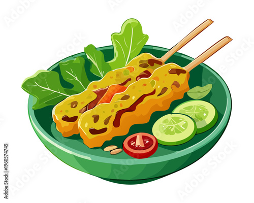Traditional indonesian skewers with green chili and peanut sauce served on a ceramic plate - Vector Illustration