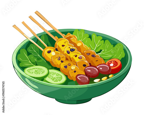 Grilled meat skewers with cucumber and spicy peanut sauce served on a green ceramic plate - Vector Illustration