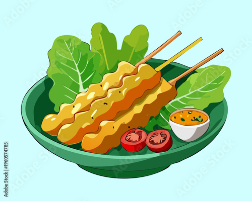 Authentic skewers with peanut sauce and fresh vegetables served on a light blue plate - Vector Illustration