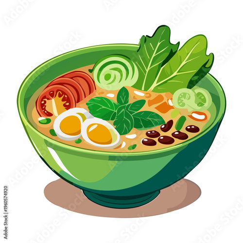 Authentic asian noodle soup with boiled egg and fresh vegetables in a green bowl - Vector Illustration