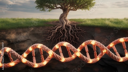 Tree with glowing DNA strands under roots in grassy landscape