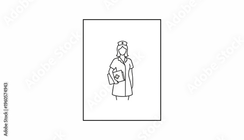 Minimalist line art illustration of a female nurse holding patient charts a healthcare