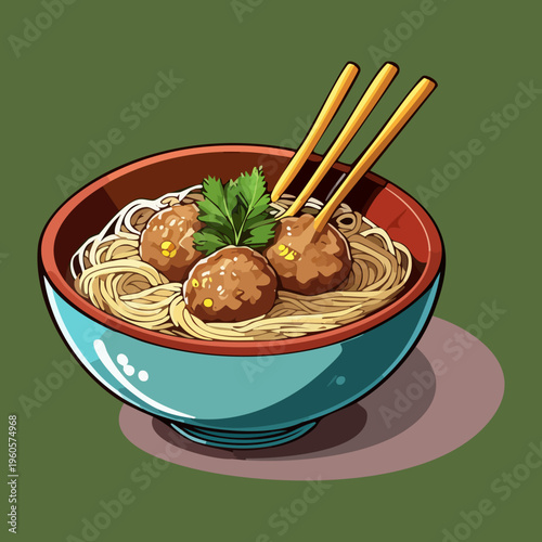 Authentic indonesian bakso meatball soup with noodles and egg in a blue bowl - Vector Illustration