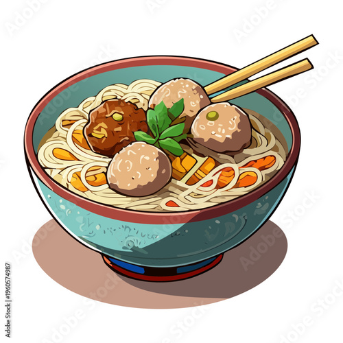 Savory meatball soup with noodles and boiled egg served in a blue ceramic bowl - Vector Illustration