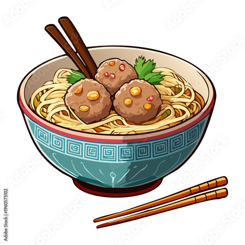 Traditional meatball soup with noodles and egg served with chopsticks in a blue bowl - Vector Illustration