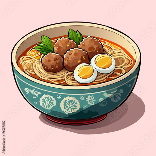 Savory meatball noodle soup with boiled egg and fresh herbs in a pink bowl - Vector Illustration