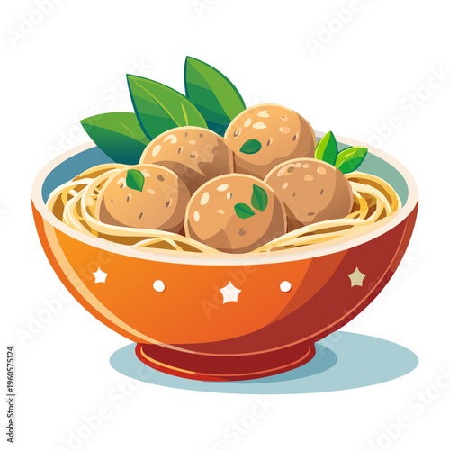 Hot bowl of meatball soup with noodles and egg for a delicious lunch meal - Vector Illustration
