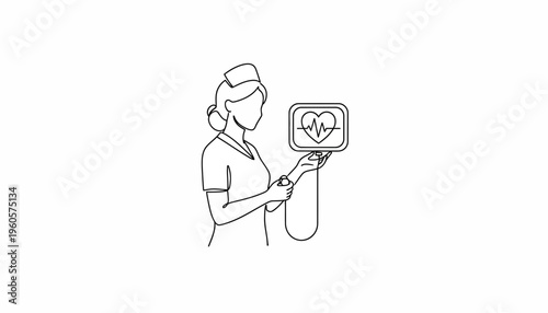 Professional medical nurse illustration monitoring vital signs with heart beat display equipment