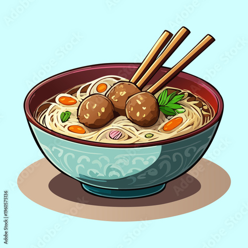 Authentic asian meatball soup with noodles and boiled egg in a blue ceramic bowl - Vector Illustration