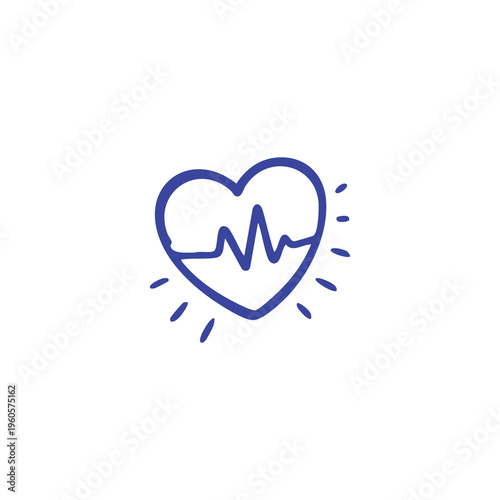 A simple blue line drawing of a heart with a cardiogram line