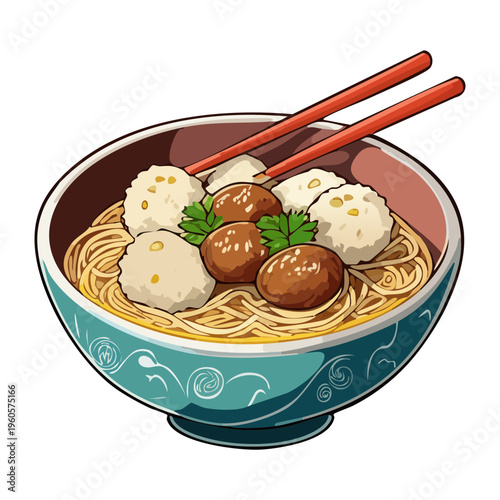 White meatball soup with noodles and egg served in a traditional blue ceramic bowl - Vector Illustration