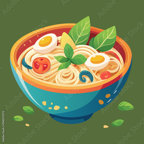 Warm noodle soup with boiled egg and fresh vegetables served in a red bowl - Vector Illustration